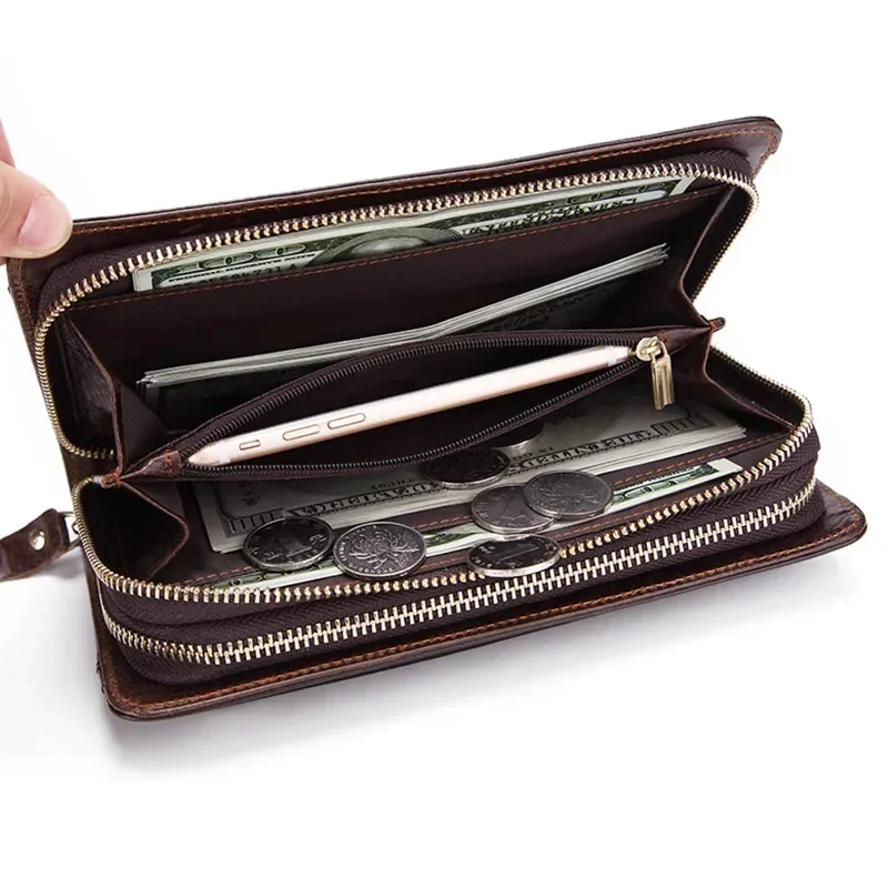 Carteira de negócios grande masculina bolsa de embreagem de couro genuíno design longo zíper masculino casual saco de dinheiro para o telefone