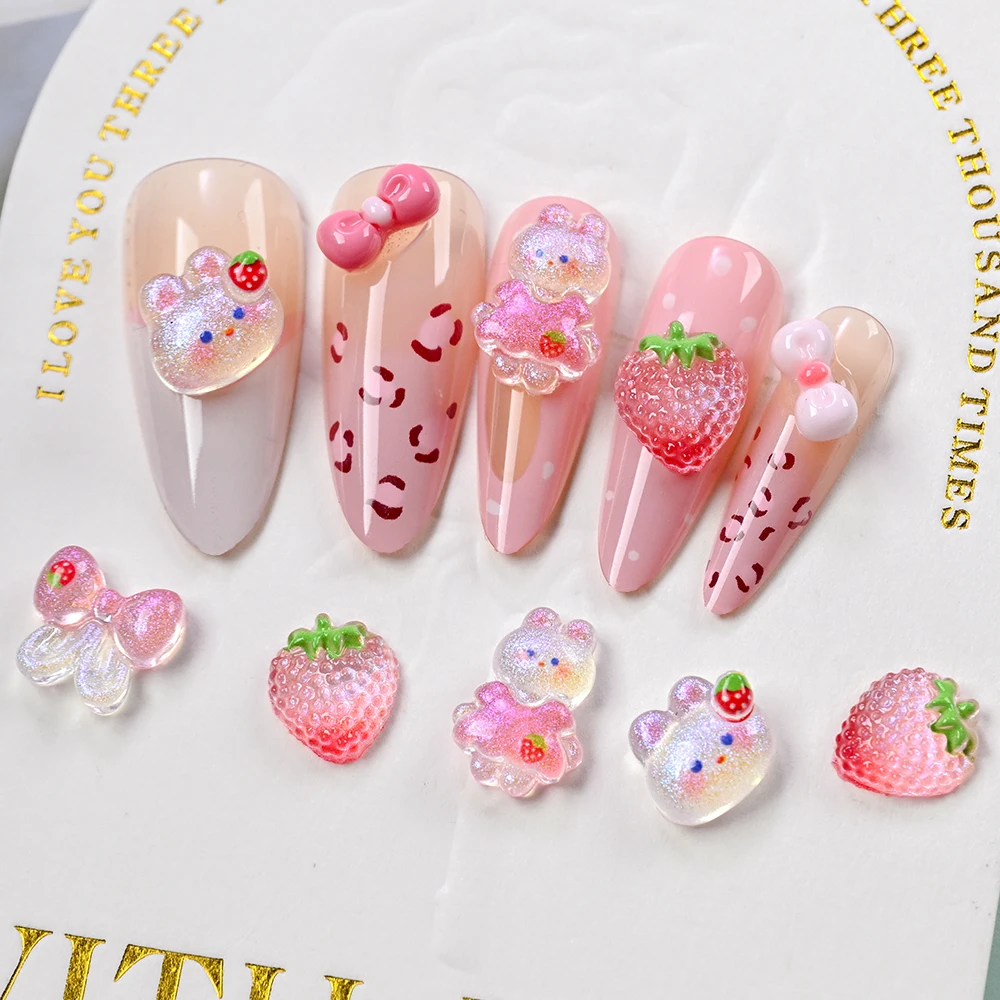 50pcs 3D Kawaii Rabbit Nail Art Charms Supplies Cute Pink Aurora Bow Rabbit Strawberry DIY Manicure Decor Nail Decoration Parts