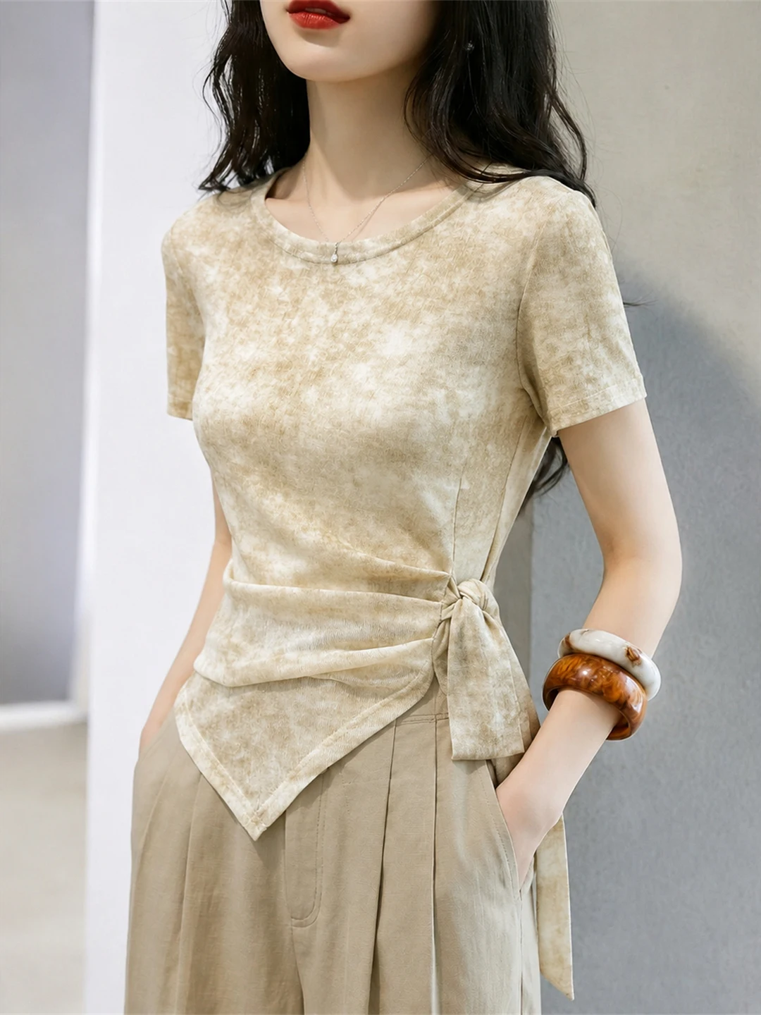 Korean Design Sense Asymmetrical Tie Short Sleeve T-Shirt Summer Waist in Unique Beautiful Commuting Top Small Shirt