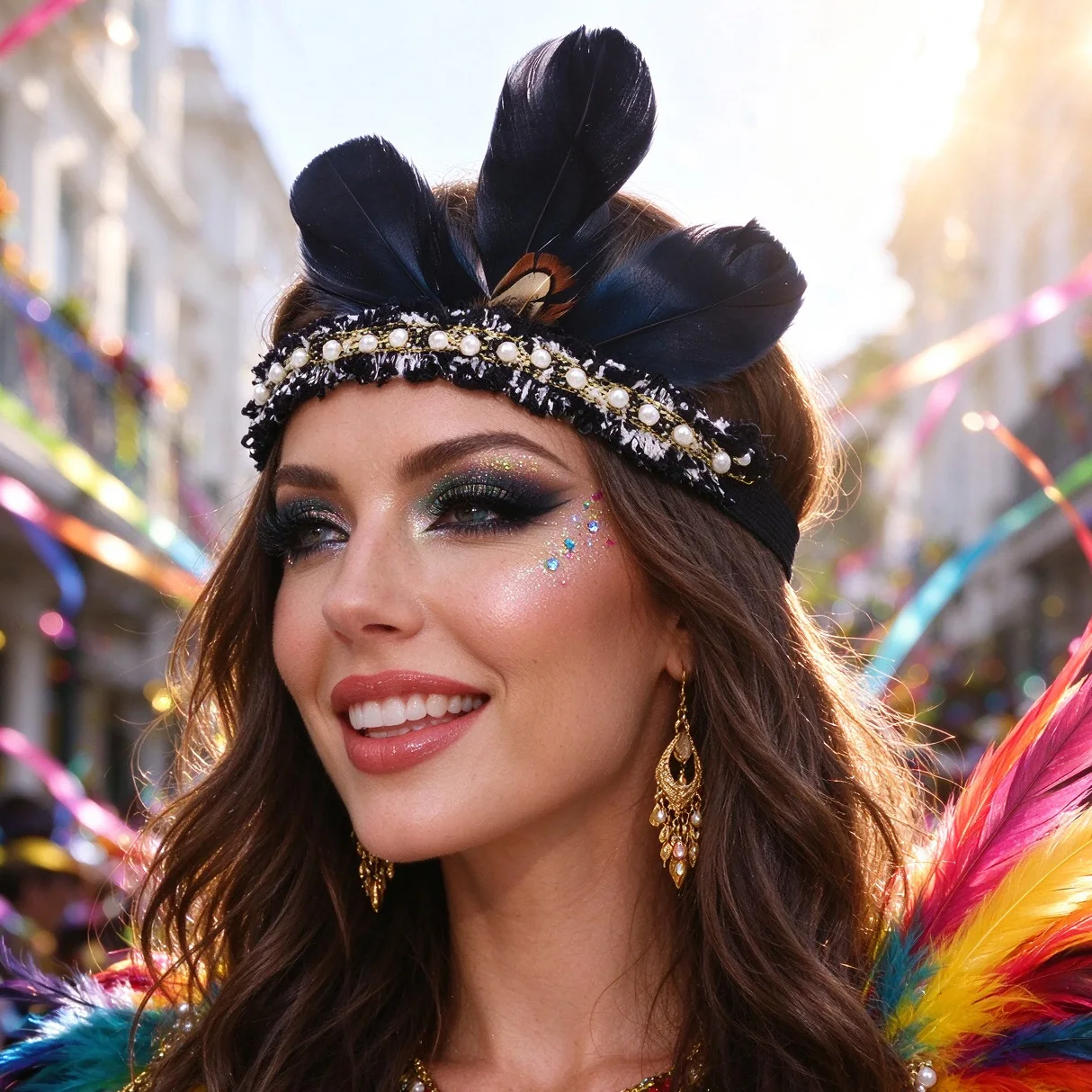 Women Boho Ethnic Feather Headband, Pearl Beaded Vintage Party Headpiece, Carnival Music Festival Hair Accessories