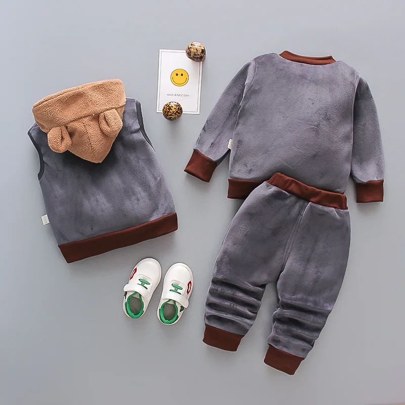 Korean version new plush and thick winter long sleeved set cartoon casual baby boy clothing double-sided plush baby clothing3PS