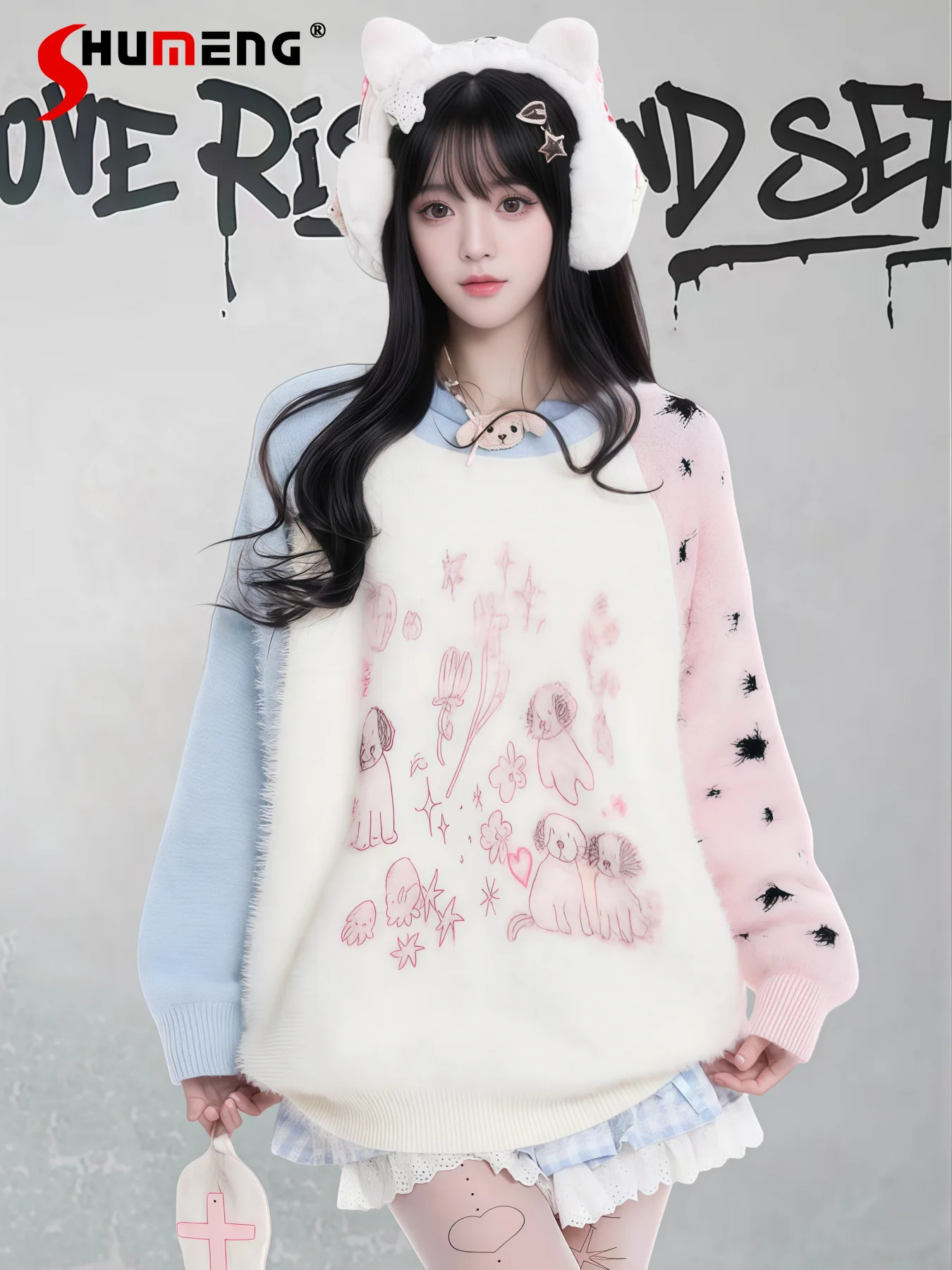 

Fashion Sweet Cute Girl Cartoon Dog Soft Sweater Round Neck Long Sleeve Lazy Casual Loose Versatile Knitted Pullover for Women