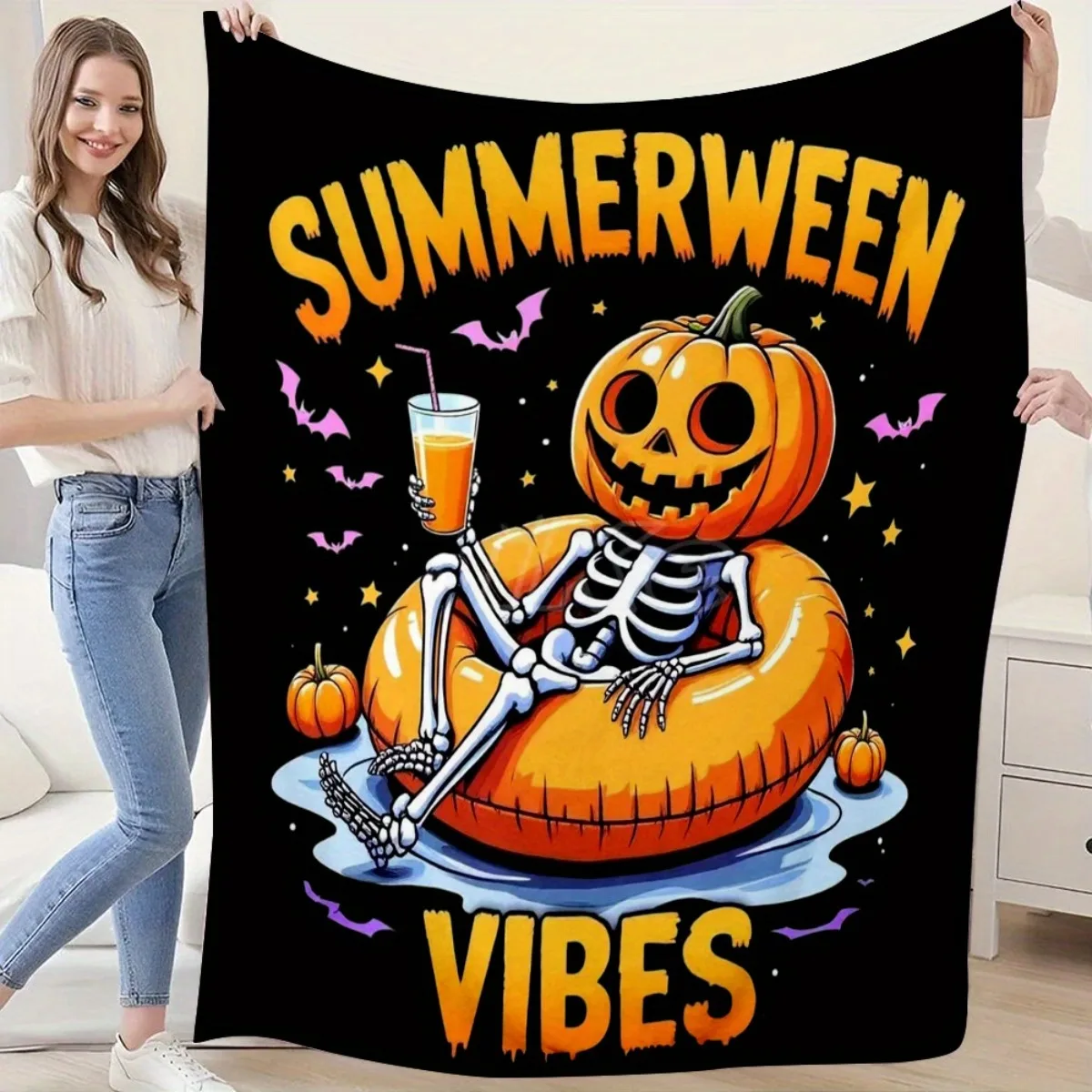 Halloween Skeleton Pumpkin Flannel Throw Blanket Soft All Season SUMMERWEEN VIBES Playful Graphic Machine Washable Blanket for S