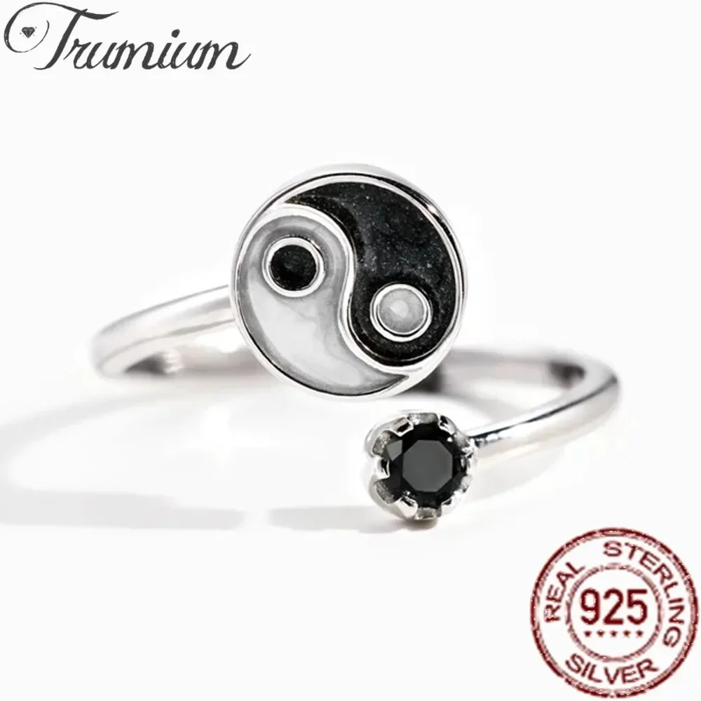 

Trumium 925 Sterling Silver YINYANG Round Eight Diagrams Ring for Women Black White Adjustable Ring Trend Fashion Jewelry