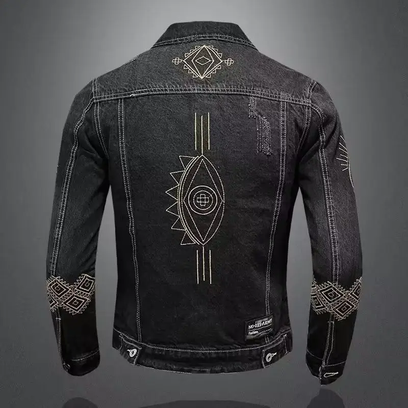 New Spring and Autumn Men\'s Denim Jacket Classic Retro Embroidered Lapel Motorcycle Jacket Trendy Fashion Loose Casual Denim Top