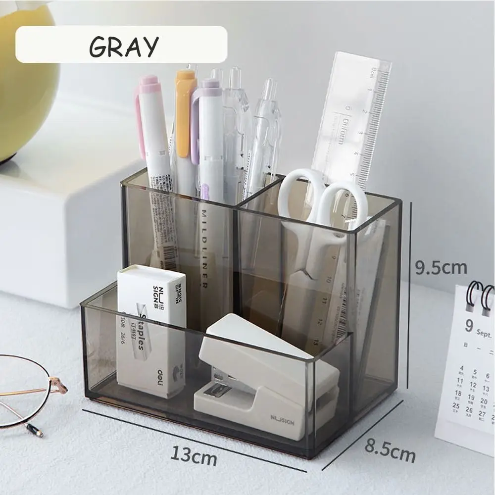 New Transparent Acrylic Pen Holder Square Stationery Storage Rack Three Grid Large Capacity Desktop Organizer Office