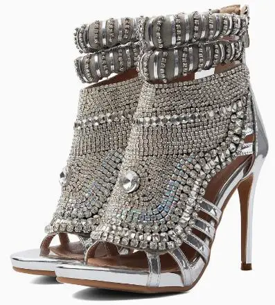 Bling Silver Rhinestone Embellished Peep Toe Sandals Women Stiletto High Heel Ankle Strap Party Wedding Dress Heels Sandals Lady view 5