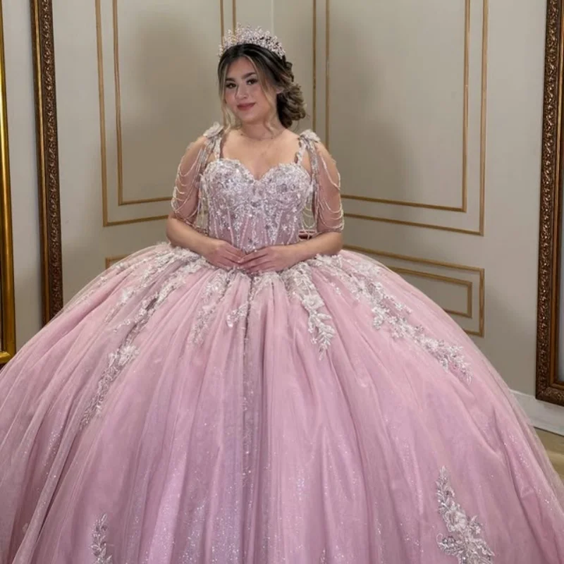 

Shiny Pink Quinceanera Dress Lace crystal Tull layering sequins decal Bow Long tail vestidos de 15 Quinceanera ﻿Customized