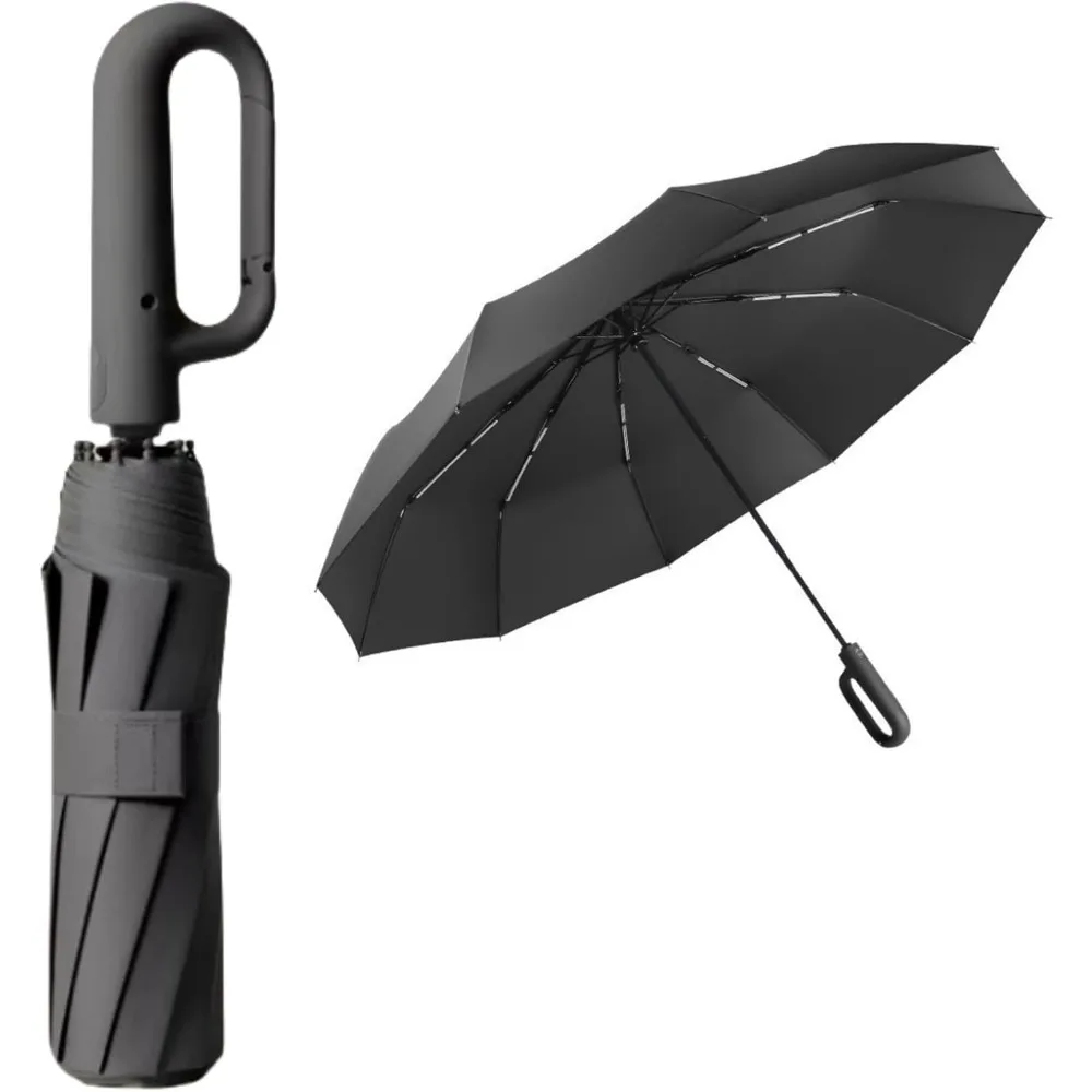 

Black Auto Open Close Foldable Travel Umbrella Portable Compact Umbrella with Carabiner Hook for Outdoor Trip Car Use