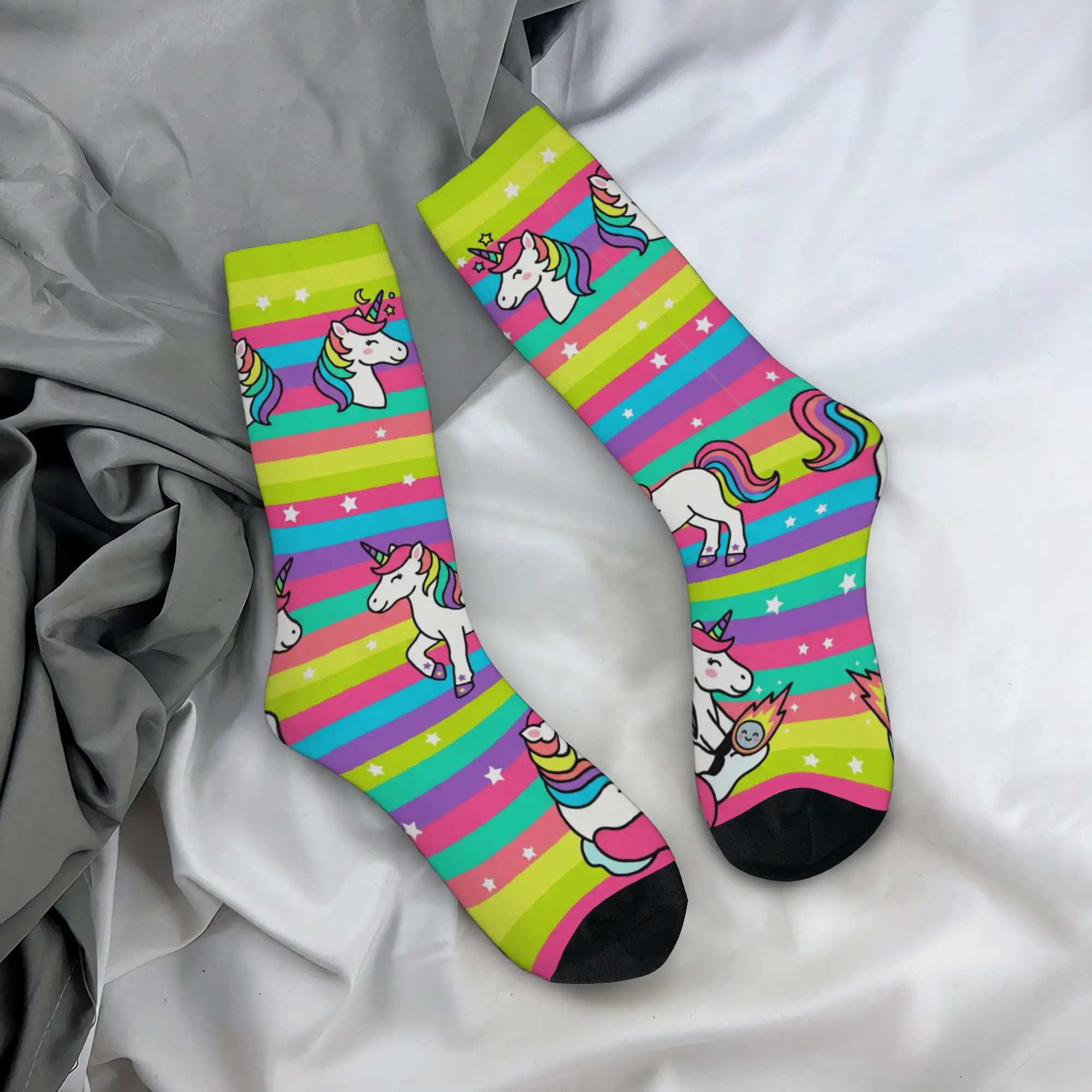 1 Pair Hip Hop Retro Unicorn Rainbow Stars Magic Cute Crazy Men'S Compression Socks Unisex Harajuku Pattern Printed