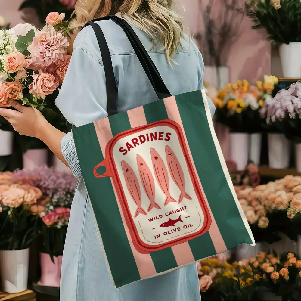 1pc Sardines in Olive Oil Reusable Tote Bag - Stylish Green & Pink Striped Shoulder Bag with Fish Illustration