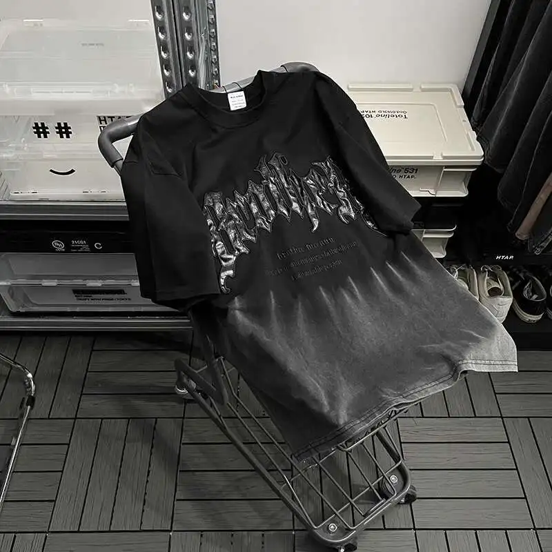 

Man Women Gothic Punk T-shirt Summer Letter Embroidery Vintage Short Sleeve Men's American Style Gradient Loose Couple T-Shirt
