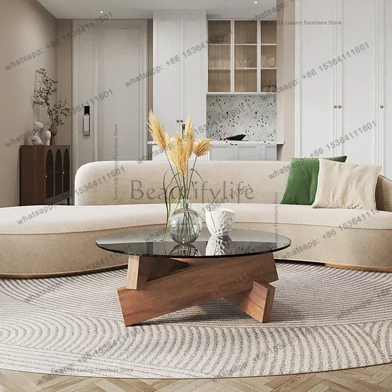 LSNordic Solid Wood Coffee Tables Tempered Glass Roundness Originality Living Room Coffee Tables Simple Furniture Table Basse FY