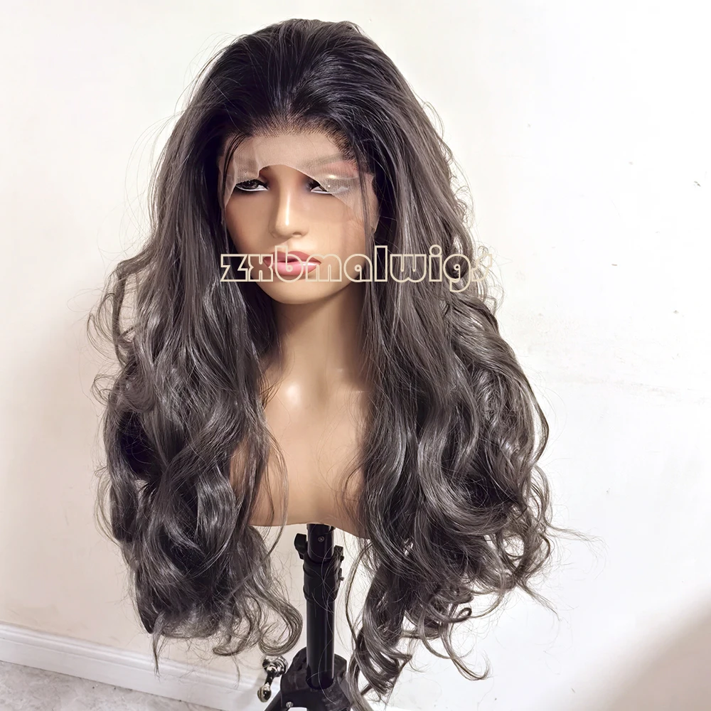 

Synthetic Hair Ombre Dark Grey Wavy Glueless 13X4 Lace Front Wig For Women Preplucked Heat Temperature Fiber Daily Cosplay