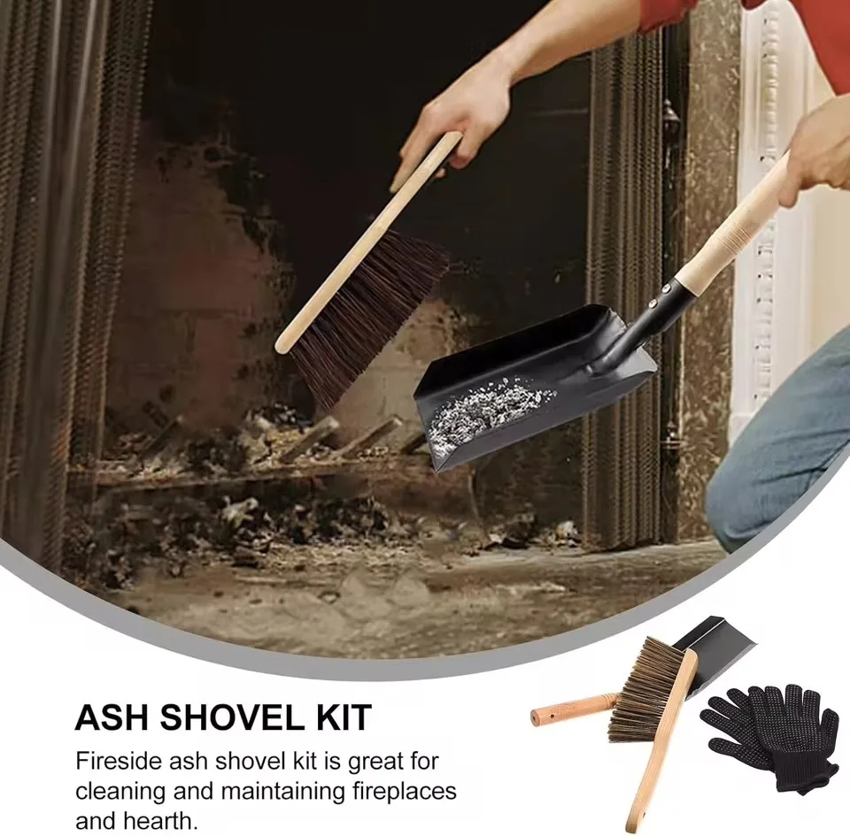 Fireplace Cleaning Kit Complete Set Dust Broom Shovel Woodworking Brush Silicone Gloves Easy to Store and Carry