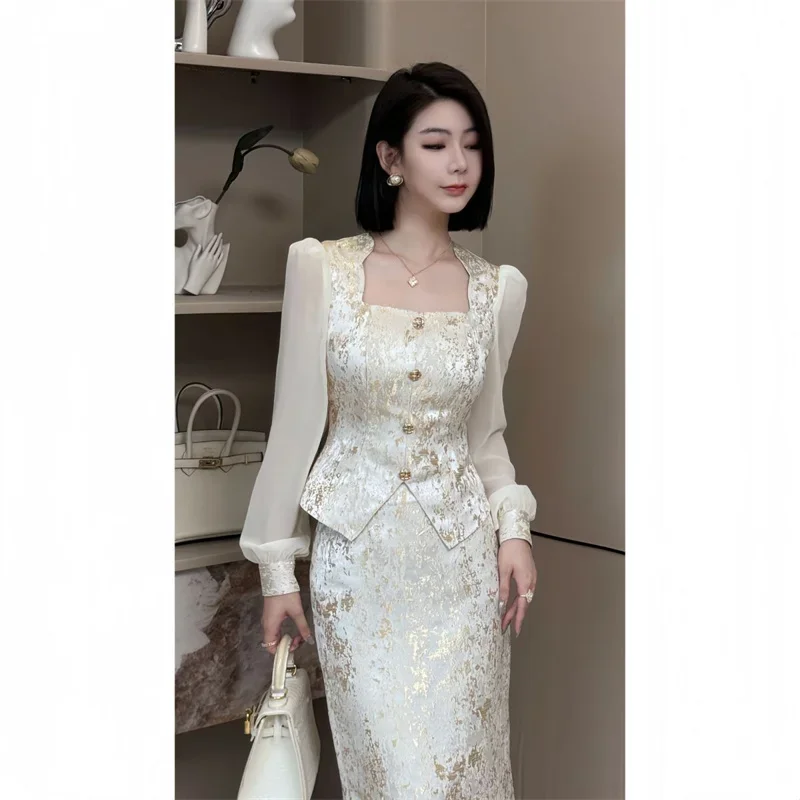 New High Quality Fashion Party Women's Two Pieces Set French Luxury Jacquard Patchwork Tops+High Waist Midi Skirt Women's Suit image 4