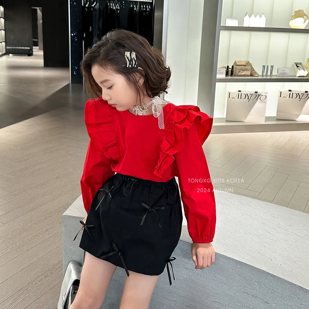 Girls Shirt 2024 Autumn New Childrens Clothing Korean Baby Girl Foreign Red Ruffled Princess Style Design Shirt Casual Simple