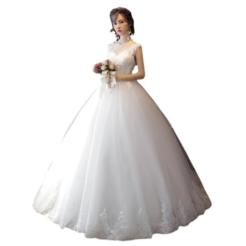 Elegant Laceชุดแต่งงานTulleคลาสสิกVคอแขนกุดVestido De Noiva Elegant SimpleยาวRobe Mariage Femme Plusขนาด