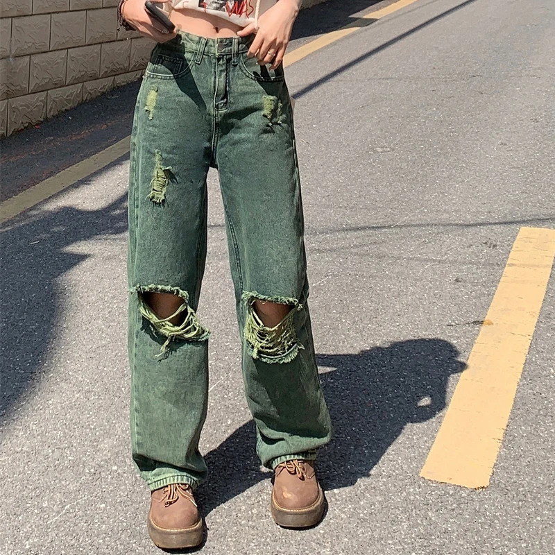 

Hip Hop American Dark Green Ripped Jeans Women Spring Summer New High Waist Straight Baggy Wide Leg Pants Female