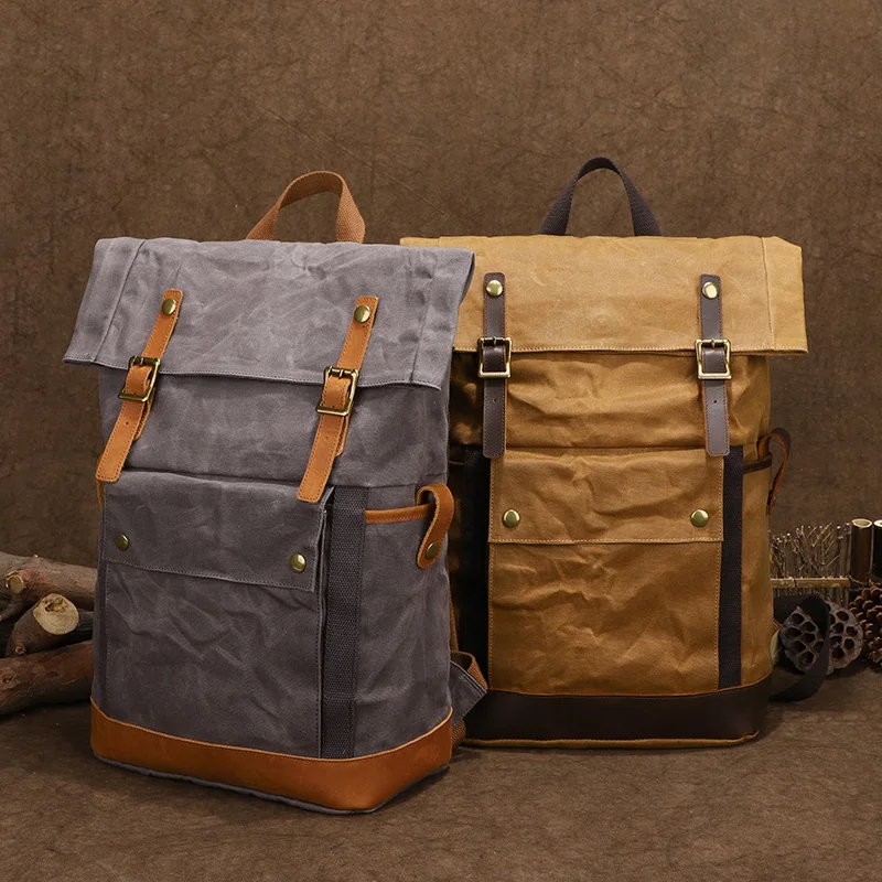 Waterproof Waxed Canvas Leather Mens Camping Backpack Travel Roll Top Rucksack 16 inch Laptop Bag Vintage Students School Bags