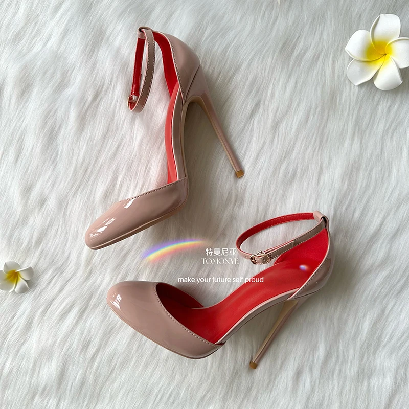 TOMONYE Shiny White Black Nude Red Patent Leather Round Toe Hot Sale Ankle Strap 120mm High Heel Straps