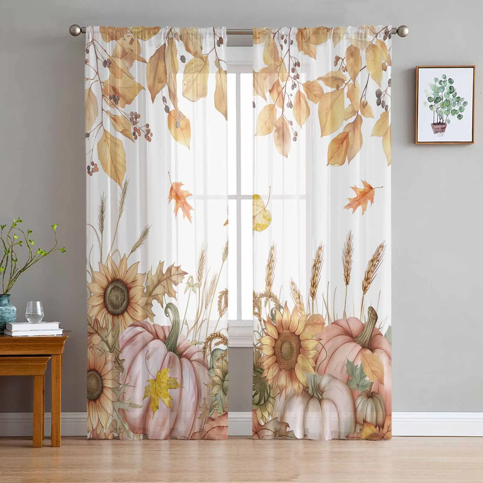 Fall Pumpkin Sunflower Tulle Curtains for Living Room Bedroom Sheer Voile Curtain Home Decor Kitchen Curtain