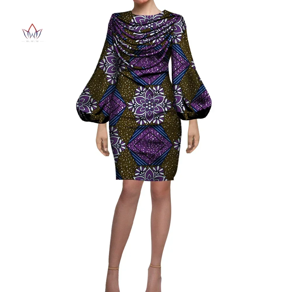 

BintaRealWax African Dresses for Women Long Puff Sleeves Short Dress with Rope Weaving African Print Wax Clothing YF153