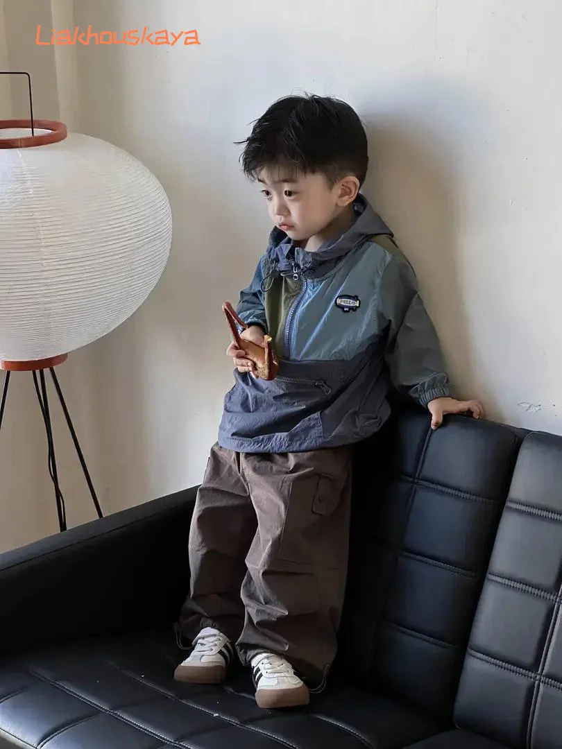 Autumn Kids 2Pcs Outfit Japanese Color Block Pocket Light Windbreaker Jacket Cargo Pants Set Boys Girls Trendy Casual Outerwear