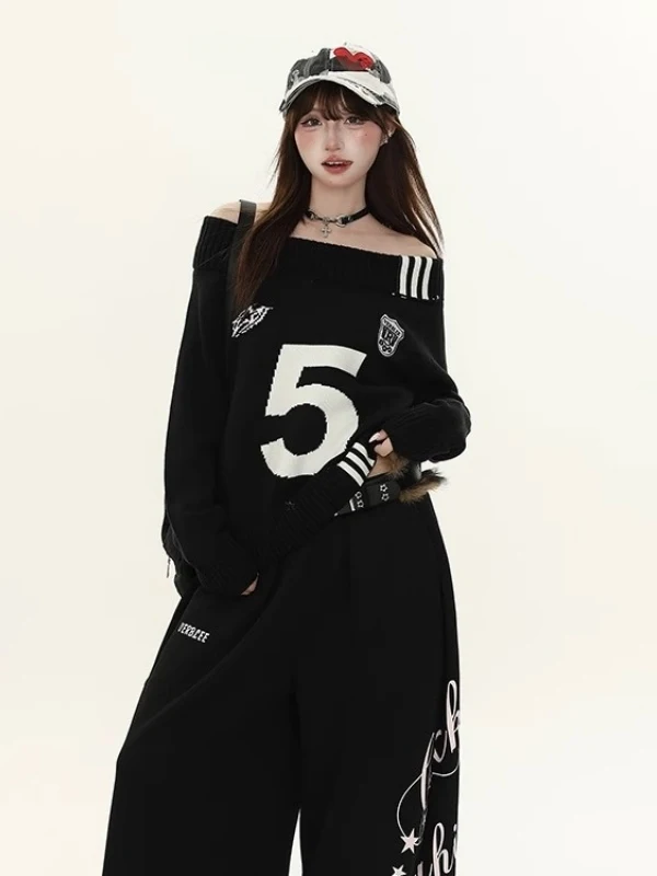 Sweter damski z dzianiny w stylu retro, z amerykańskim napisem, w paski, luźny krój, wyszczuplający, modny na jesień.