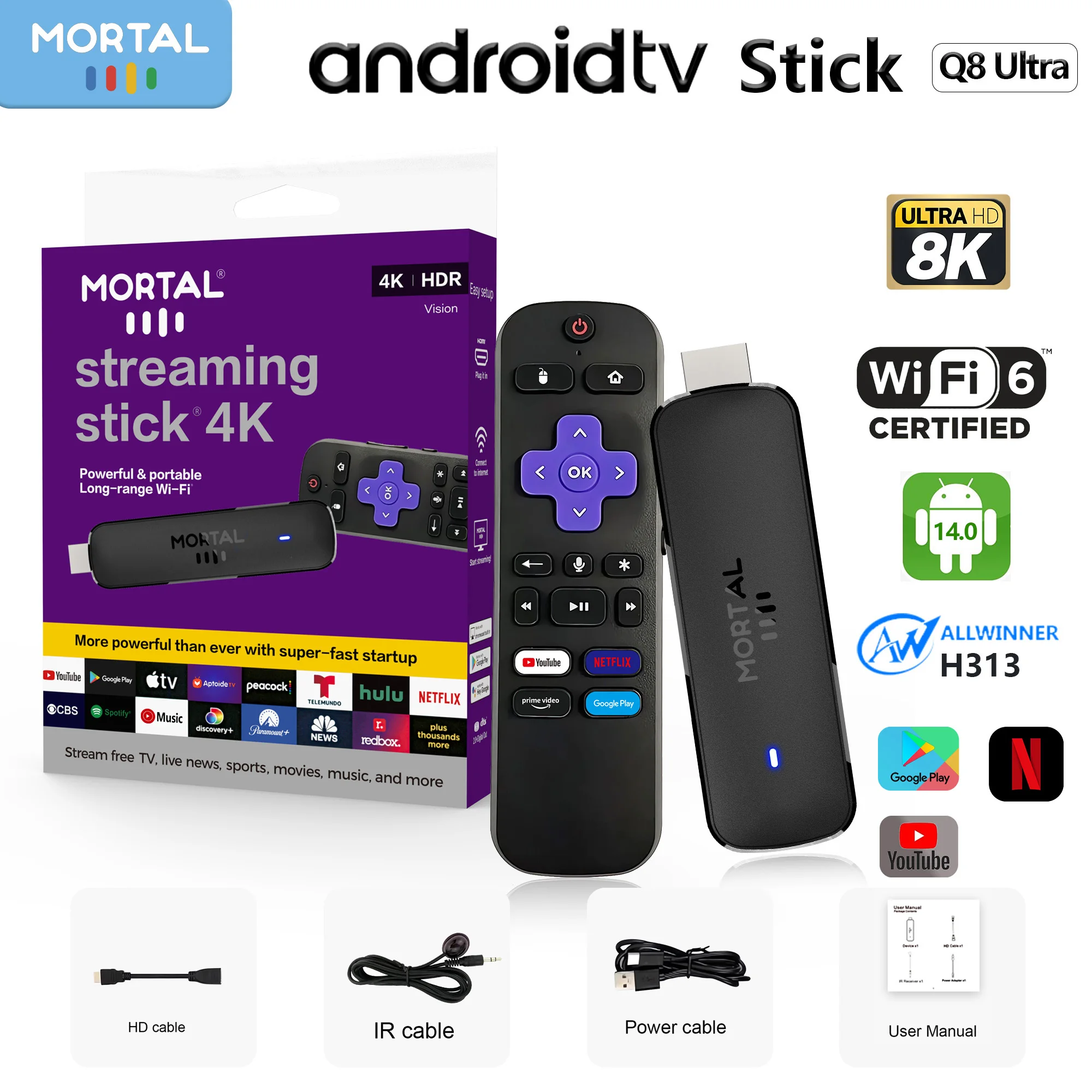 عصا التلفزيون Mortal Q8 Ultra Home Theater Live TV Stick، واي فاي 6، التحكم الصوتي 4K UHD Android 14 Allwinner H313 Chromecast