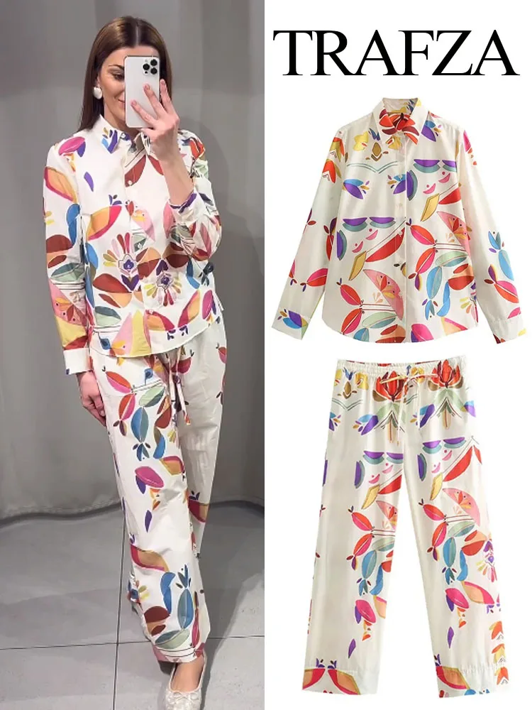 TRAFZA Women New Fashion Suit Print Turn-Down Collar Long Sleeves Buttons Single Breasted Shirts+Elastic Wais Wide Leg Pants