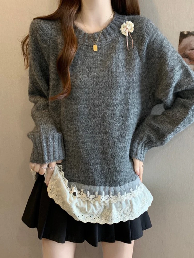 

French Sle Lace Trim Long Sve Knitted Top Women Loose Base Layer irt Spring Faion 2026 New Arrival Slimming Effect