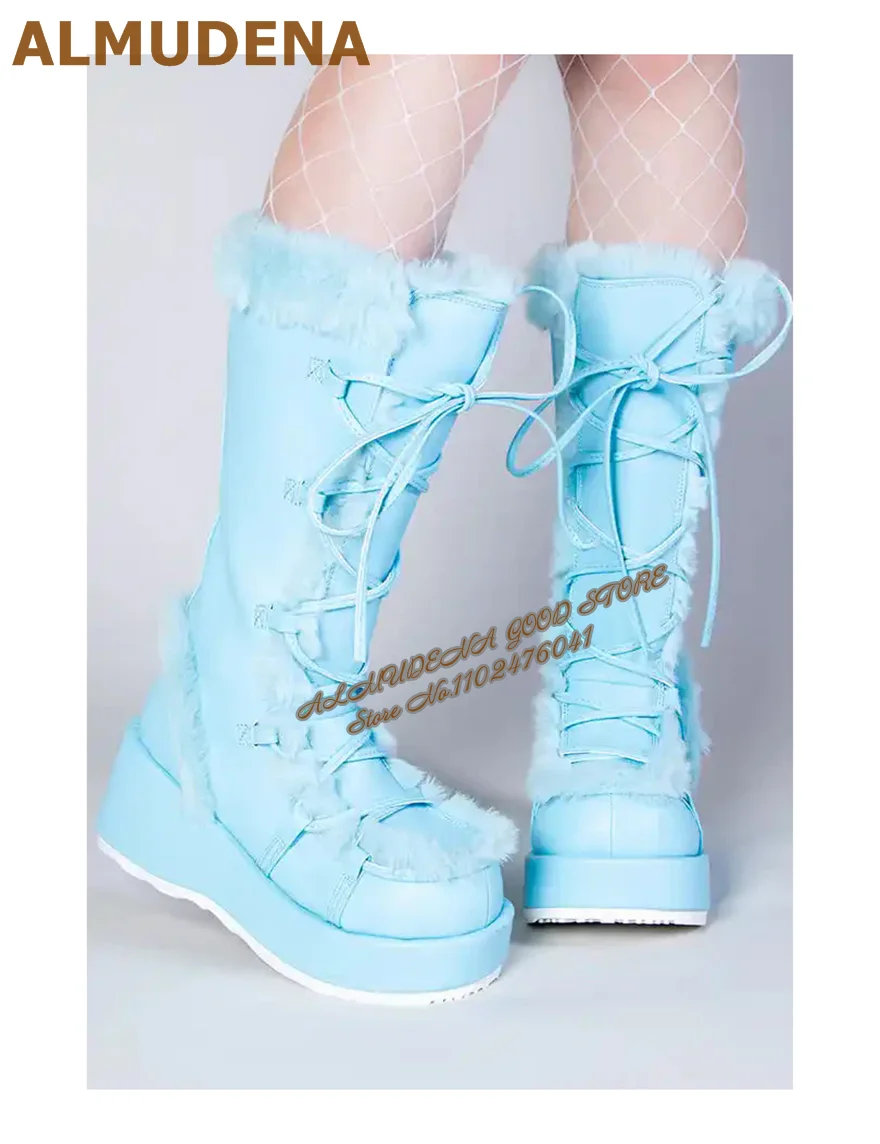 ALMUDENA Nude Suede White Fur Middle Boots Lace-Up Warm Plush Platform Mid-Calf Boots Fall Winter Elegant Furry Dress Shoes