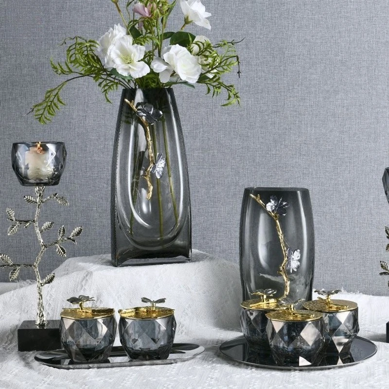 

Modern home decoration ornament light luxury decorative desktop vase Nordic style simple soot glass flower vase