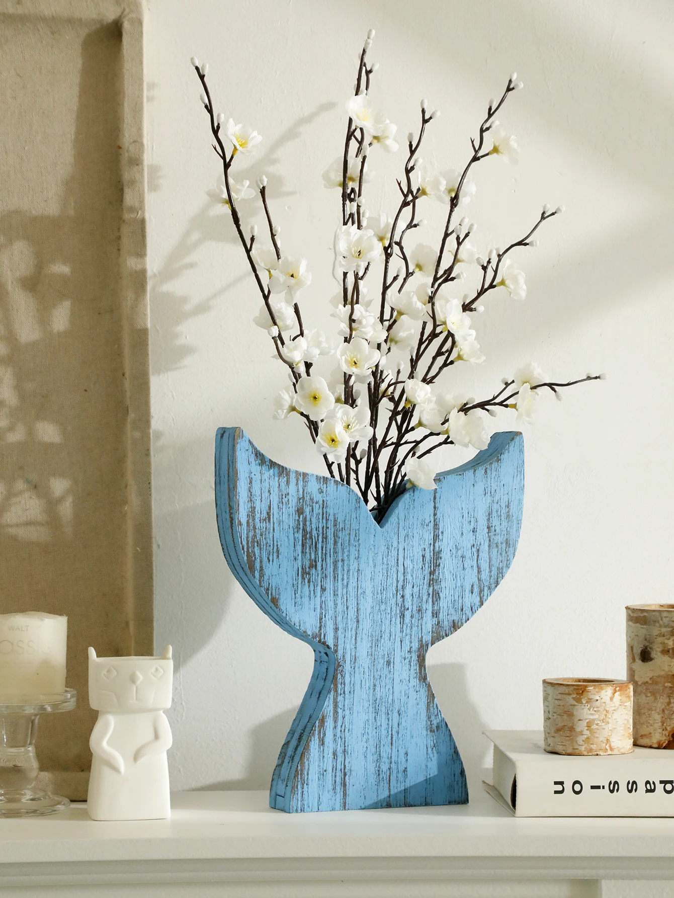 Nautical Wooden Vase Whale Tail & Surfboard Design Blue & White Decorative Planter for Dried Flower Coastal Boho Home Decor Gift