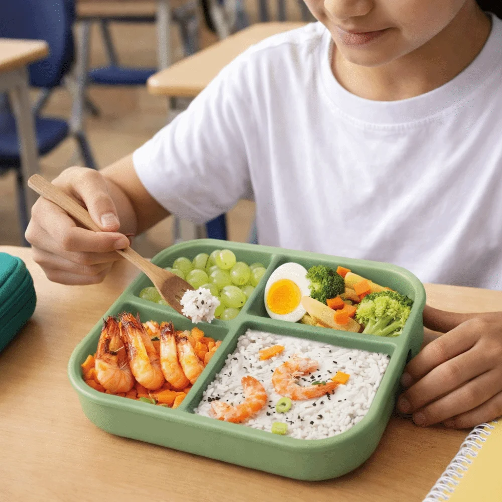 

Контейнер для еды из пищевого силикона, герметичный, с 4 отделениями, термостойкий, квадратный