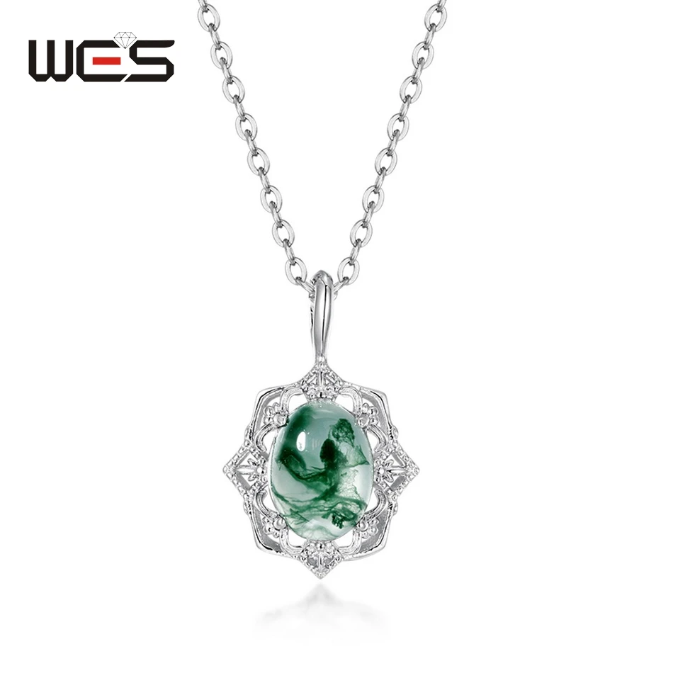 WES 925 Sterling Silver Natural Gemstone 6*8mm Moss Agate Pendant Necklace For Woman Fashion Jewelry Christmas Wedding Gifts