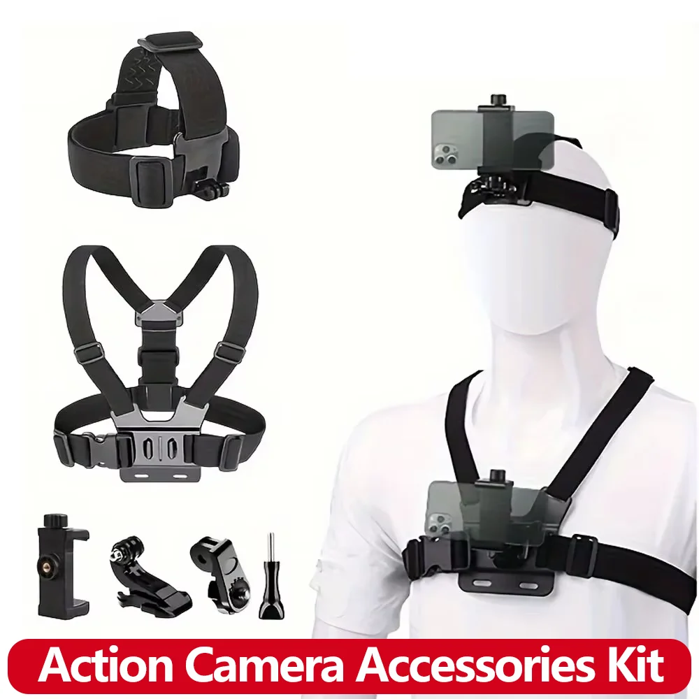 Adjustable All-in-One Action Camera Accessories Kit - Head Strap Chest Strap Mount Compatible with GoPro Hero Osmo SJCAM AKASO I