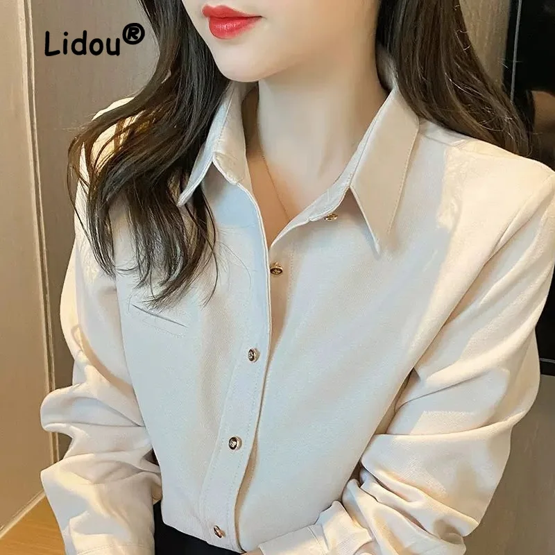 Fashion Solid Color Casual Single-breasted Blouse Women New Long Sleeve Occupation Polo Collar Korean Office All-match Shirt