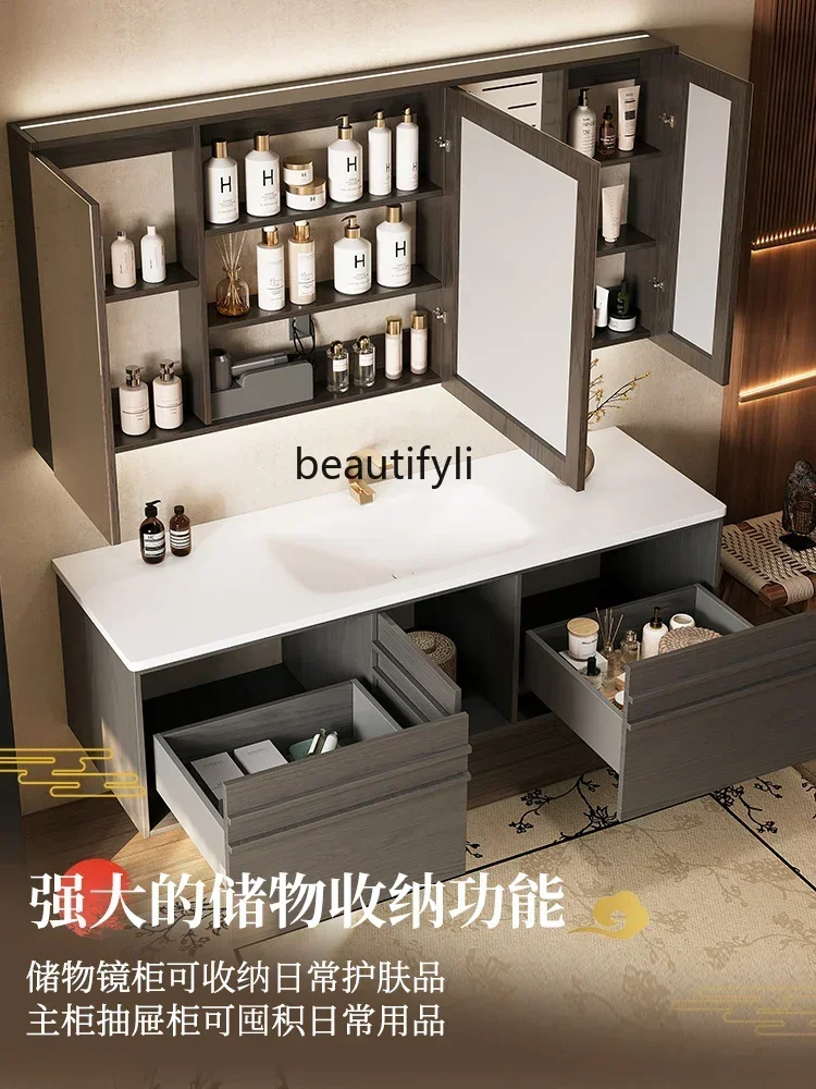 

1*Modern medieval bathroom cabinet combination light luxury rock slab hot bending integrated basin washbasin