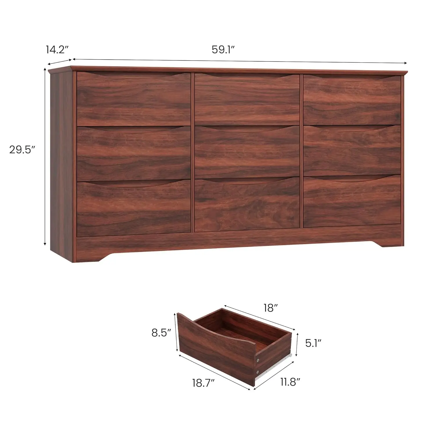 Wooden Dresser with 9 Drawers, Tall Modern Closet with Deep Storage, Large Chest of Drawers with Wide Top, Long, Customized