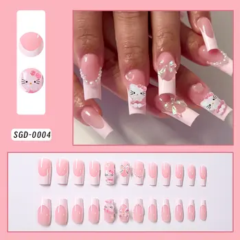 24片裝長方形Hello Kitty法式假指甲,壓克力全覆蓋假指甲,搭配Hello Kitty蝴蝶結和水鑽,按壓式美甲 8 最佳銷售 Hello Kitty 假指甲 - №5