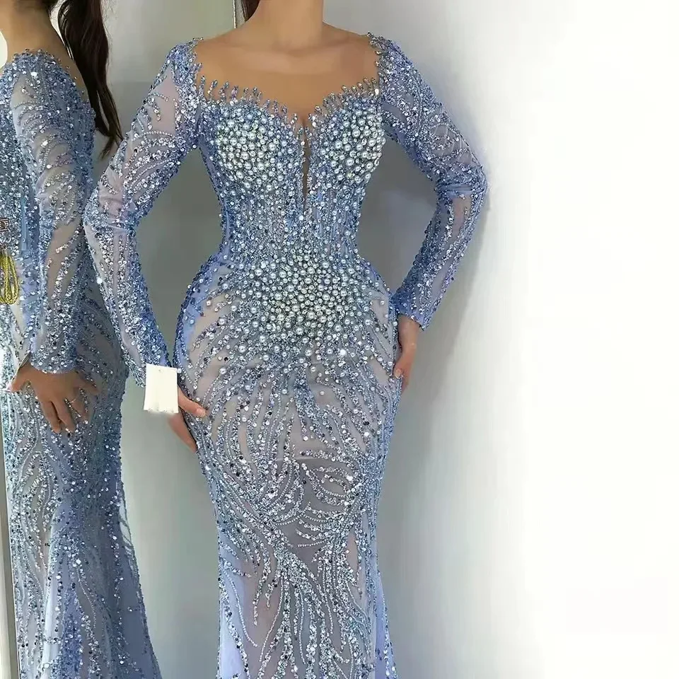 Vinca Sunny Customized Elegant Long Sleeve Evening Dress for Women O-Neck Mermaid Wedding Party Beaded Formal robes de soirée image 2