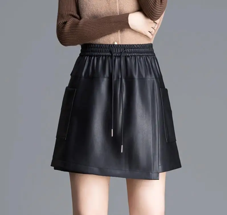 

Pleated PU Leather Half Skirt for Women High Waist Autumn Winter Casual Short Skirts