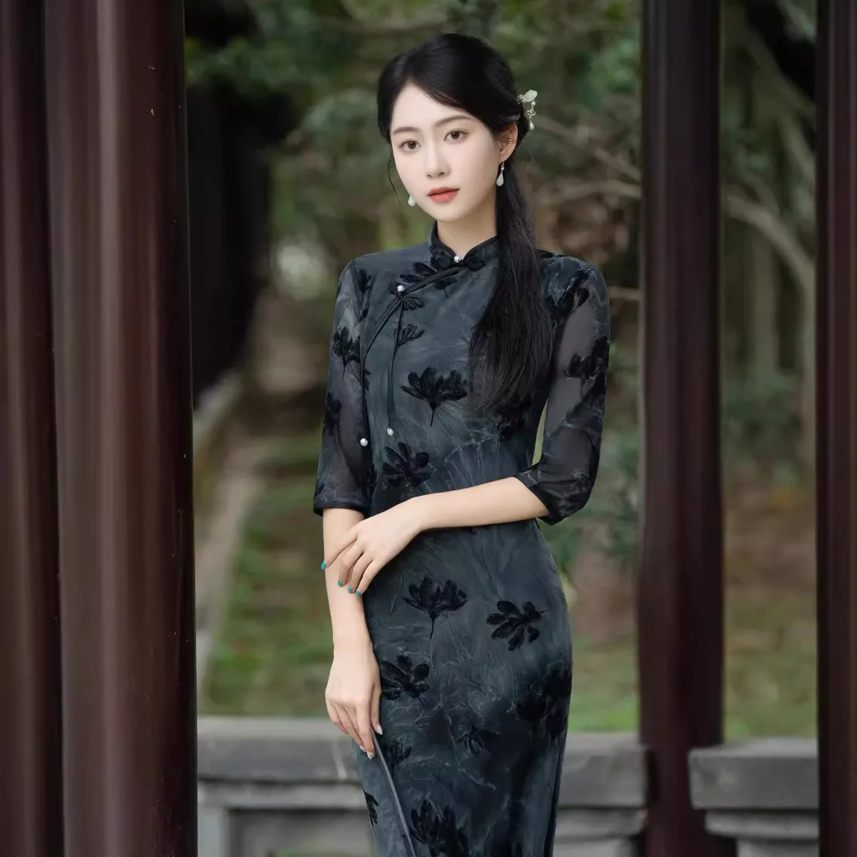 

Pink Printed Long Sleeve Cheongsam Women's Autumn and Winter Youthful Temperament New Chinese Style Dress Qipao