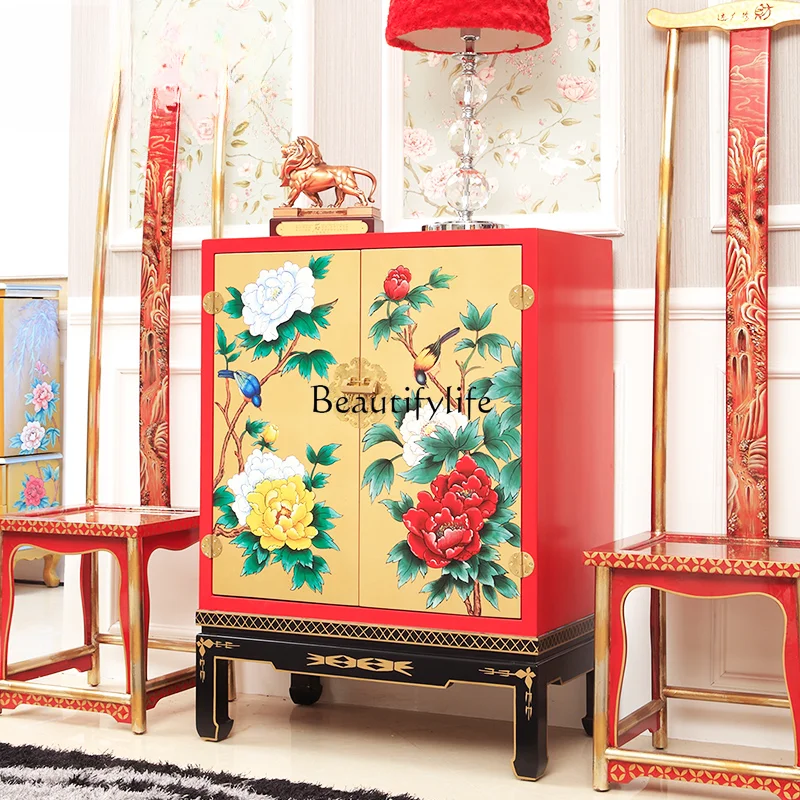 New Chinese classical painted gold foil peony porch cabinet foyer aisle cabinet