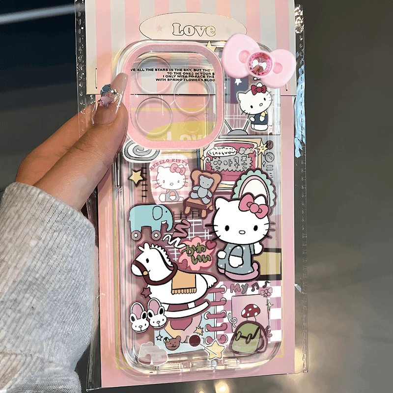 Funda de teléfono con dibujo de Hello Kitty, carcasa trasera bonita de caballo balancín Kawaii para iPhone 16, 15, 14, 13, 12, 11 Pro Max, 7, 8 Plus, XR, XS MAX, Y2K