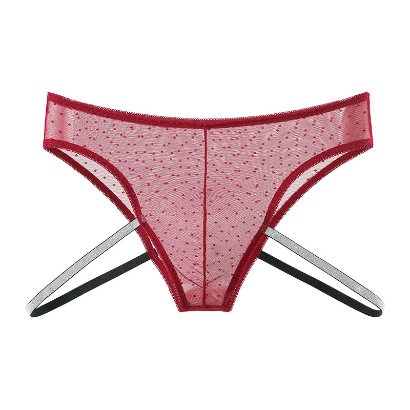 Polka Dot Sheer Mesh Brief for Men Sexy Low-Rise T-Back Crisscross Glitter Straps Transparent Thong Erotic Elastic Strap Panties