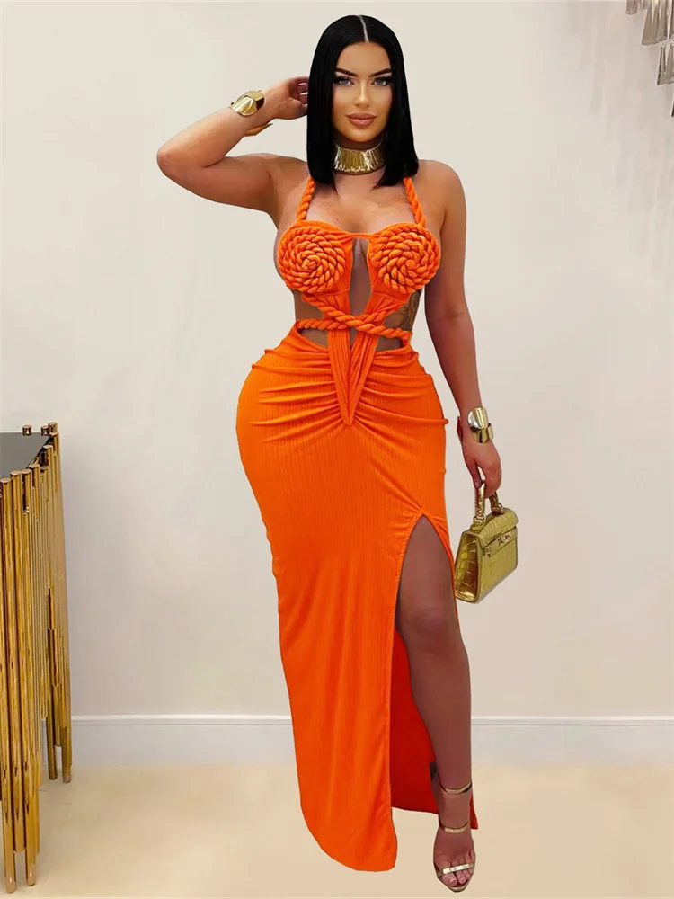 Robe longue sexy en maille pour femme, style hipster coquette, dos nu à lacets, fendue, coupe fourreau, pour soirée et fête