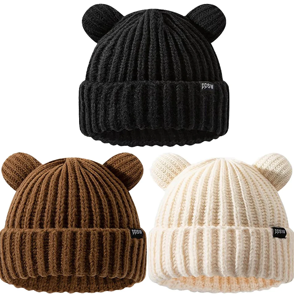 1Pc Cute Bear Ear Knitted Wool Women Fashion Hooded Thick Caps Winter Warm Woolen  Designer Kpop Personality Beanies Hats